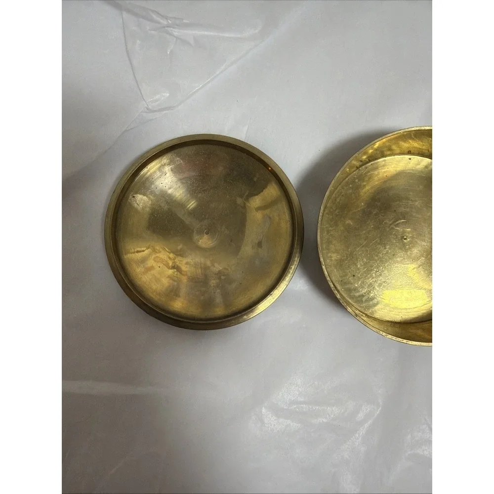 Brass Round Enamel Trinket Box Dish Flowers Iris Lid India Label